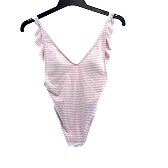 Aerie Women's Small One Piece Swimsuit Pink Striped Backless Ruffle Cheeky - Picture 1 of 7